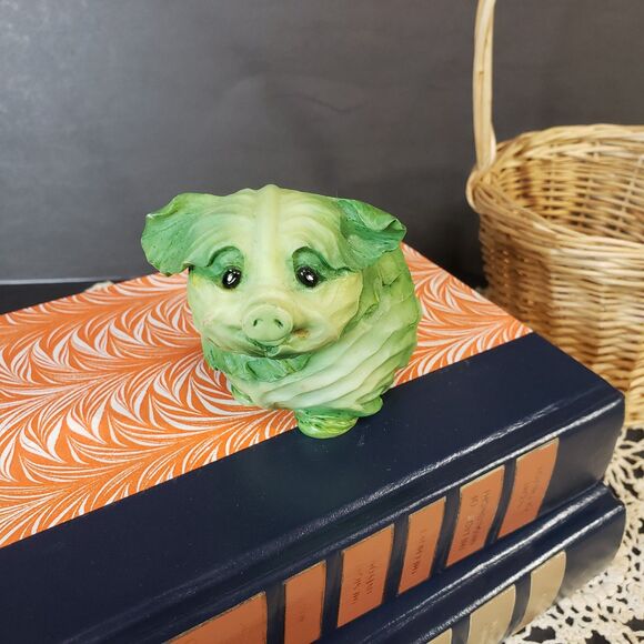 Adorable Home Grown Green Cabbage Piglet Figurine Anthropomorphic Pig 2" - Picture 1 of 8